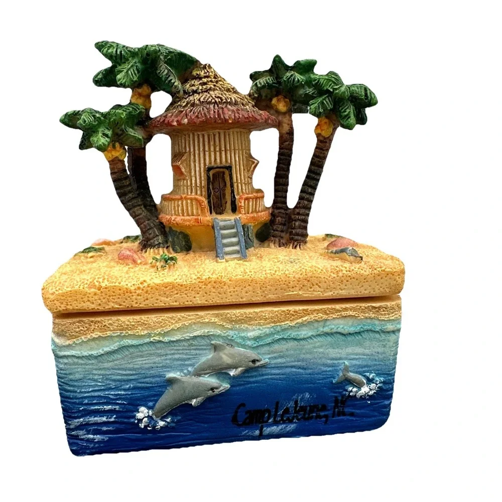 Camp Lejeune NC Souvenir‎ Jewelry Trinket Box Dolphin Beach Hut Palm Tree Decor